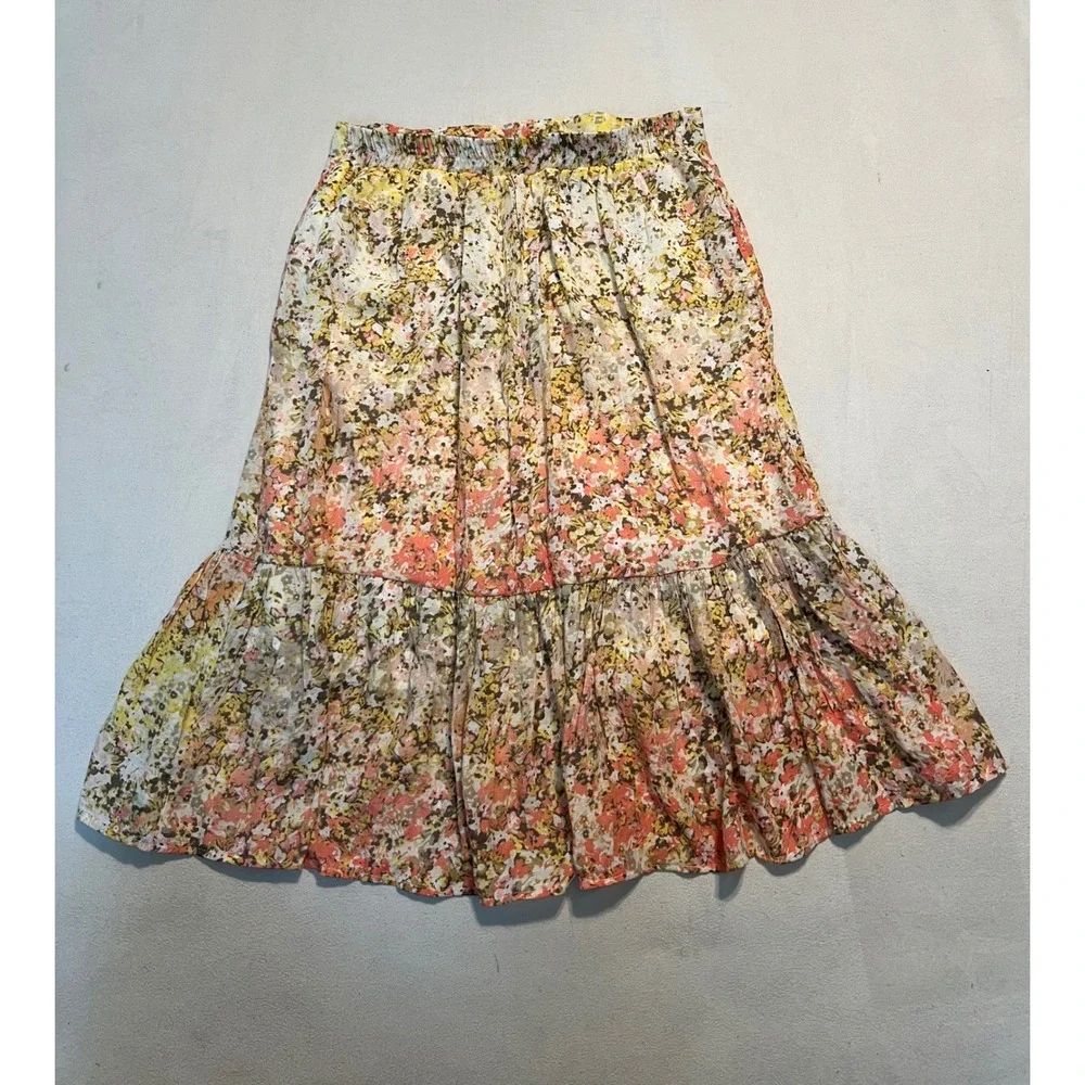 Mlle Gabrielle Yellow Floral Button Front Ruffle Hem Mini Skirt XL Boho Lined
